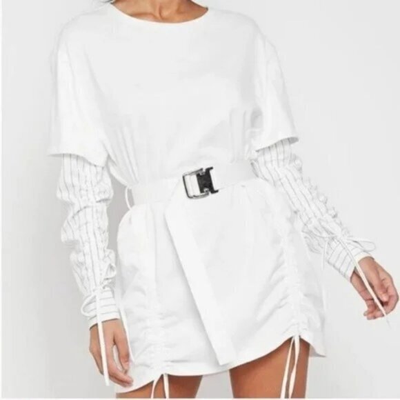 Maniere De Voir White Layered Long Sleeve Crewneck Drawstring T-Shirt Mini Dress - Picture 1 of 16